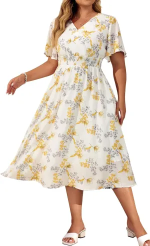 Hanna Nikole Women's Plus Size Summer Floral Dress Casual Short Sleeve Sundress Swing A Line Maxi Dresses with Pockets