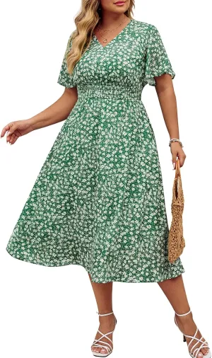 Hanna Nikole Women's Plus Size Summer Floral Dress Casual Short Sleeve Sundress Swing A Line Maxi Dresses with Pockets