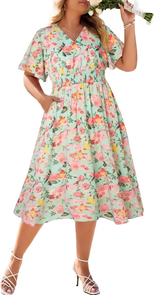 Hanna Nikole Women's Plus Size Summer Floral Dress Casual Short Sleeve Sundress Swing A Line Maxi Dresses with Pockets