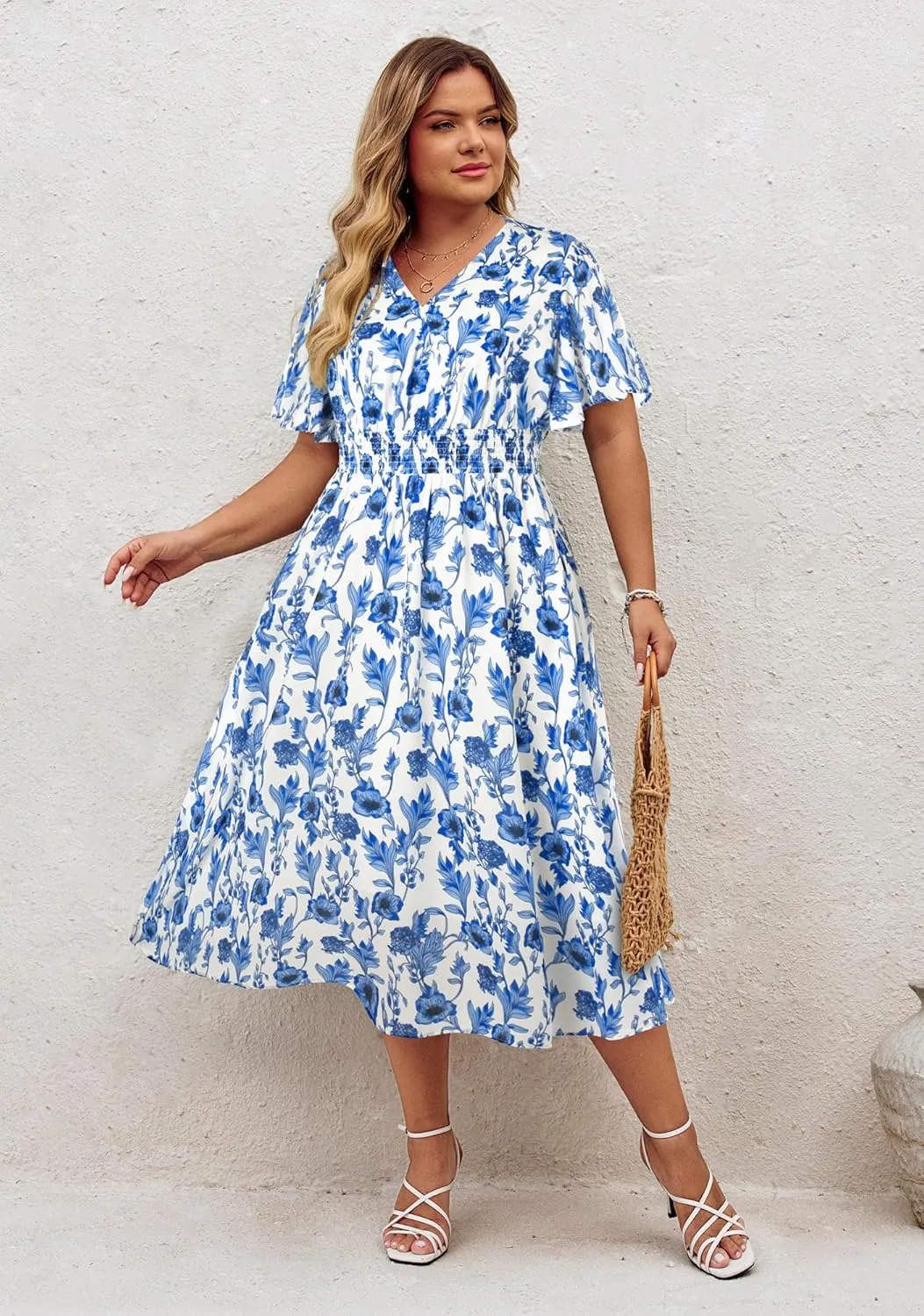 Hanna Nikole Women's Plus Size Summer Floral Dress Casual Short Sleeve Sundress Swing A Line Maxi Dresses with Pockets