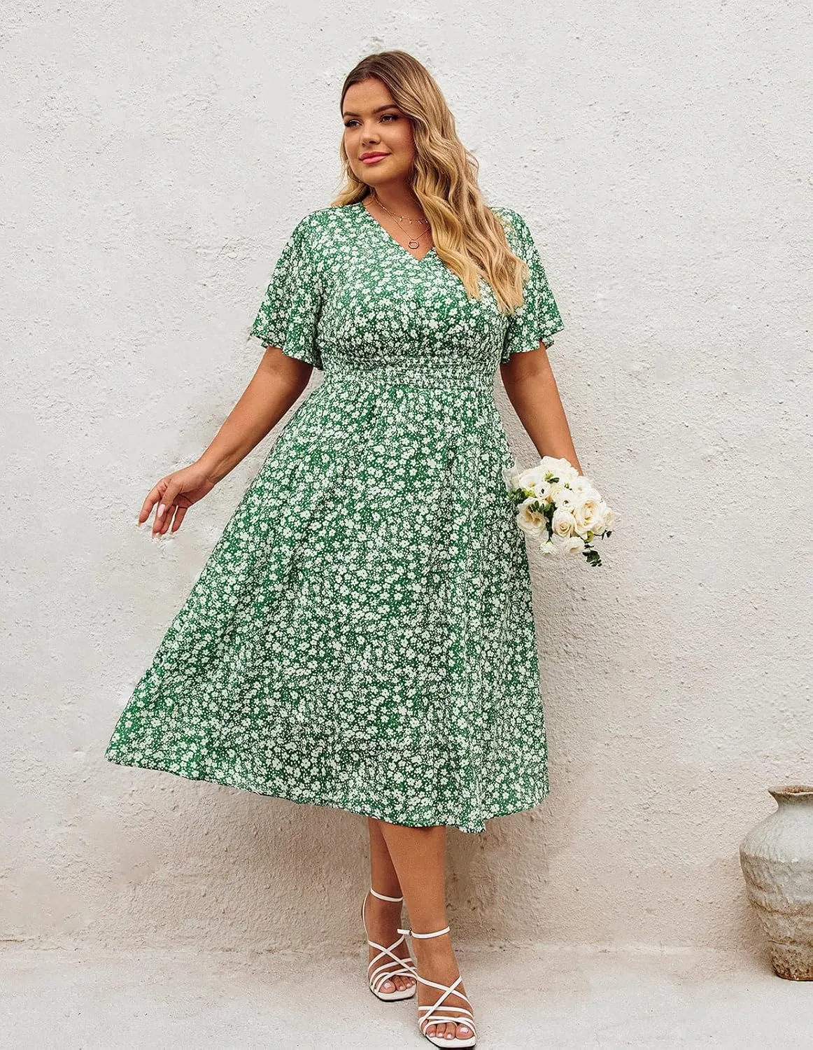 Hanna Nikole Women's Plus Size Summer Floral Dress Casual Short Sleeve Sundress Swing A Line Maxi Dresses with Pockets