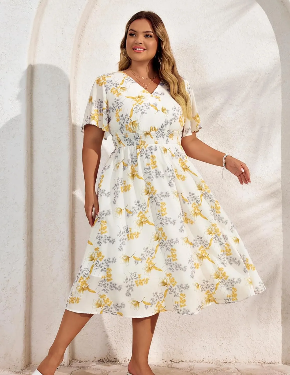 Hanna Nikole Women's Plus Size Summer Floral Dress Casual Short Sleeve Sundress Swing A Line Maxi Dresses with Pockets