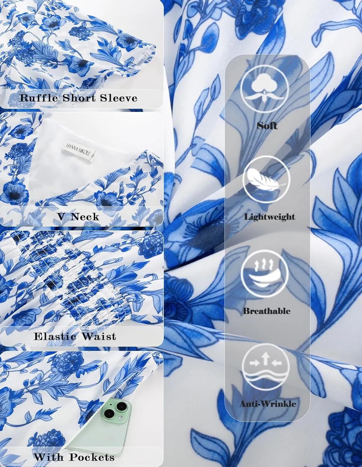 Hanna Nikole Women's Plus Size Summer Floral Dress Casual Short Sleeve Sundress Swing A Line Maxi Dresses with Pockets