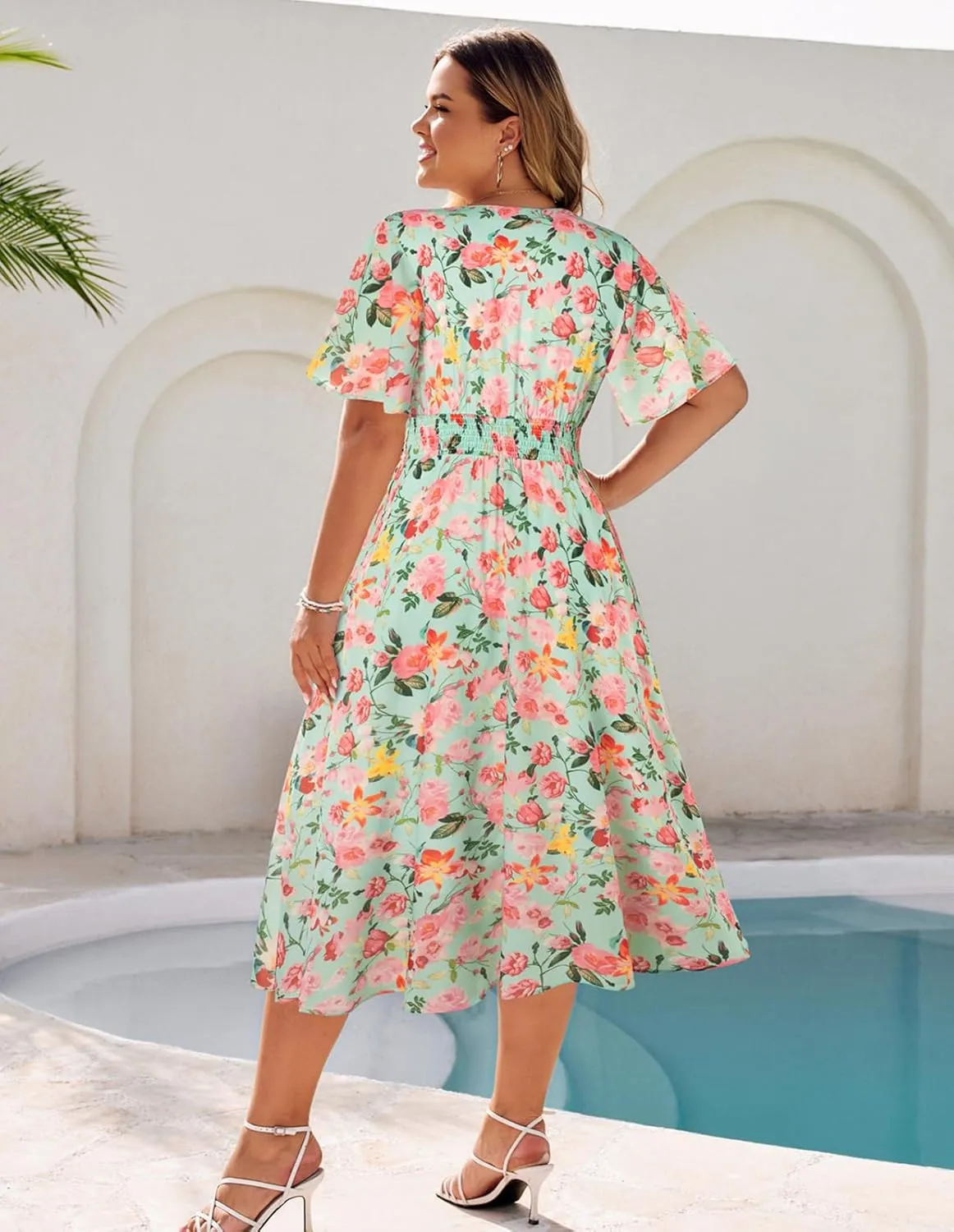 Hanna Nikole Women's Plus Size Summer Floral Dress Casual Short Sleeve Sundress Swing A Line Maxi Dresses with Pockets
