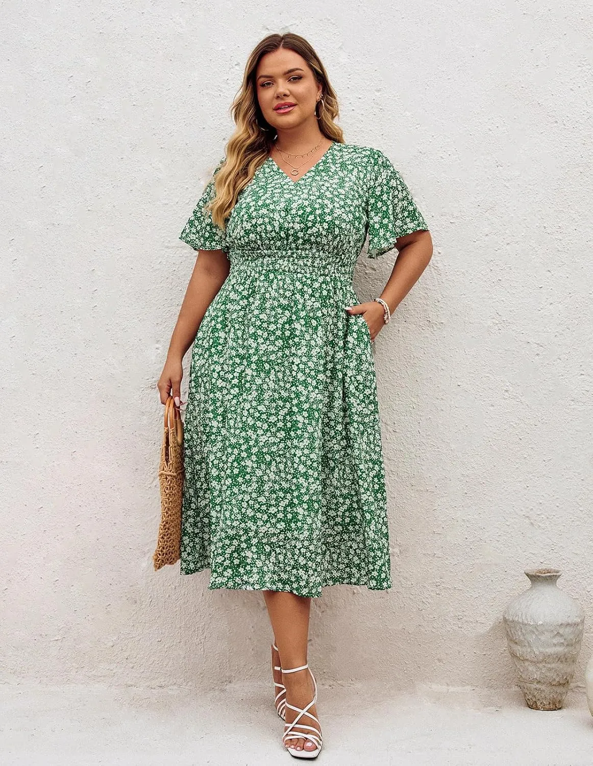 Hanna Nikole Women's Plus Size Summer Floral Dress Casual Short Sleeve Sundress Swing A Line Maxi Dresses with Pockets
