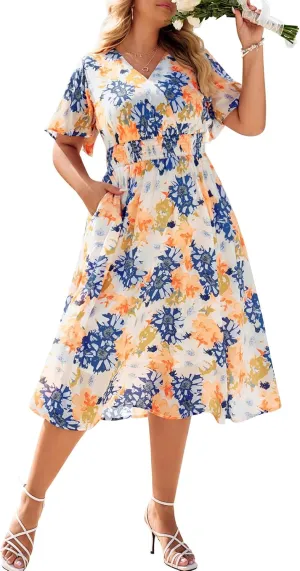 Hanna Nikole Women's Plus Size Summer Floral Dress Casual Short Sleeve Sundress Swing A Line Maxi Dresses with Pockets
