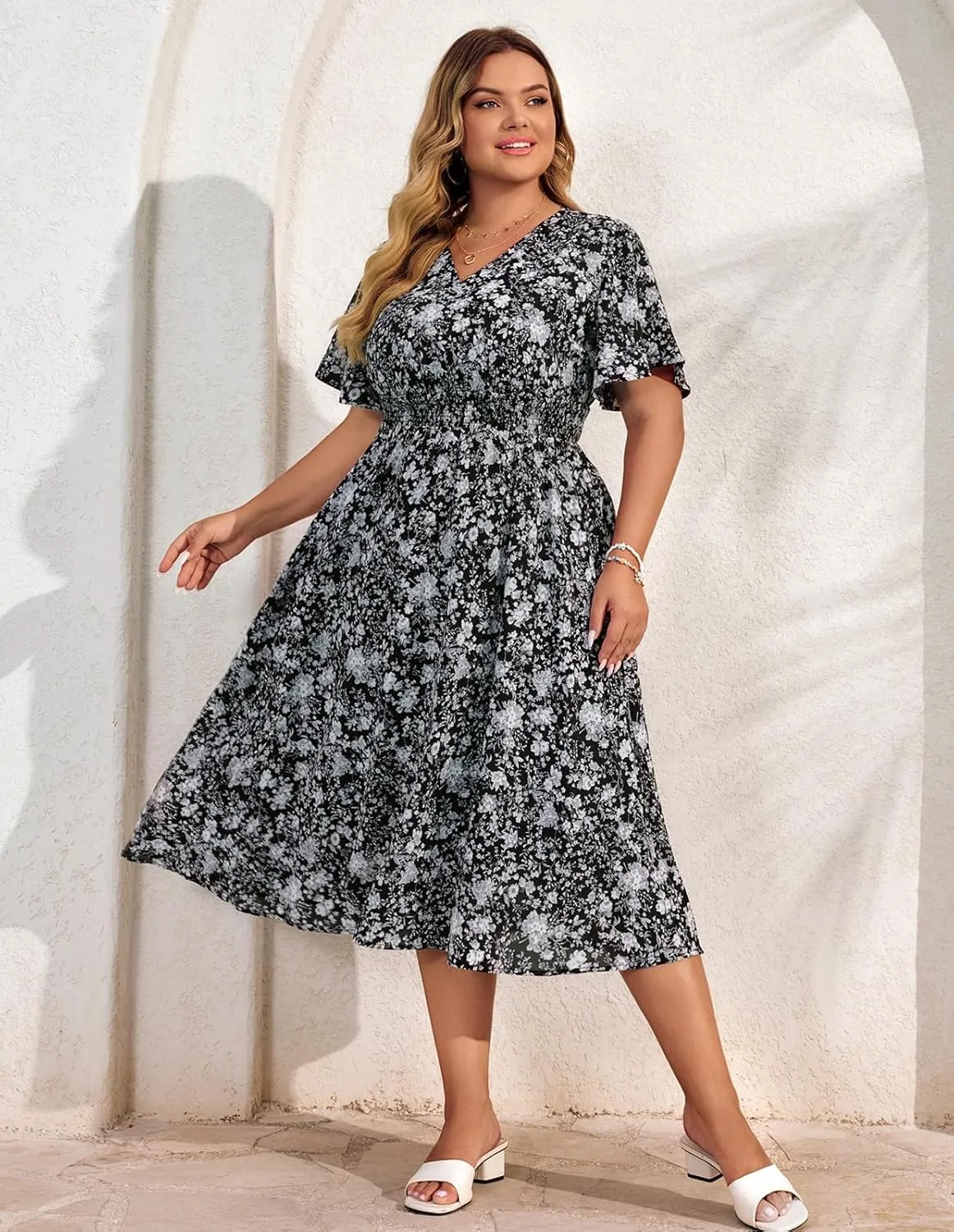 Hanna Nikole Women's Plus Size Summer Floral Dress Casual Short Sleeve Sundress Swing A Line Maxi Dresses with Pockets