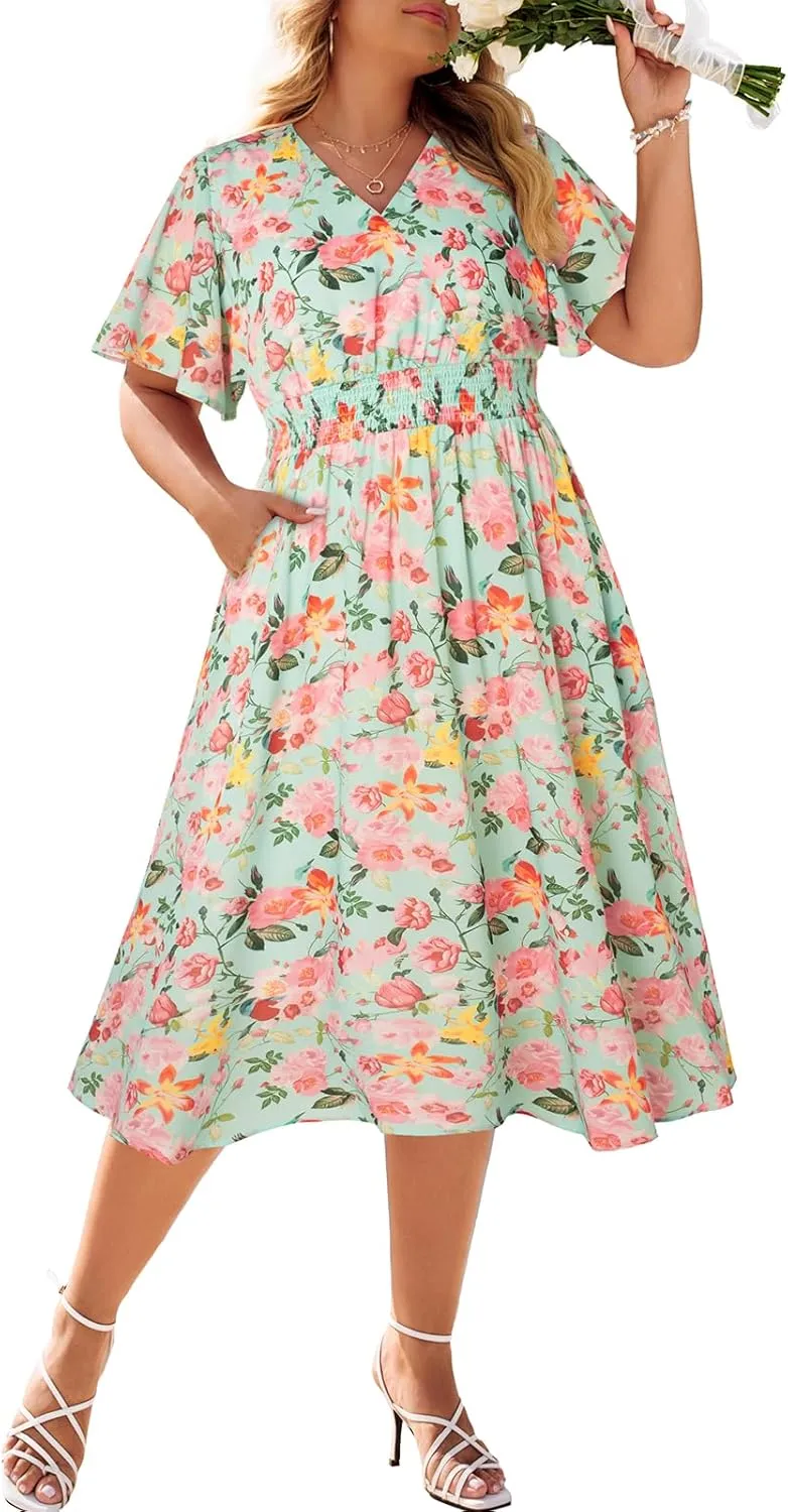 Hanna Nikole Women's Plus Size Summer Floral Dress Casual Short Sleeve Sundress Swing A Line Maxi Dresses with Pockets