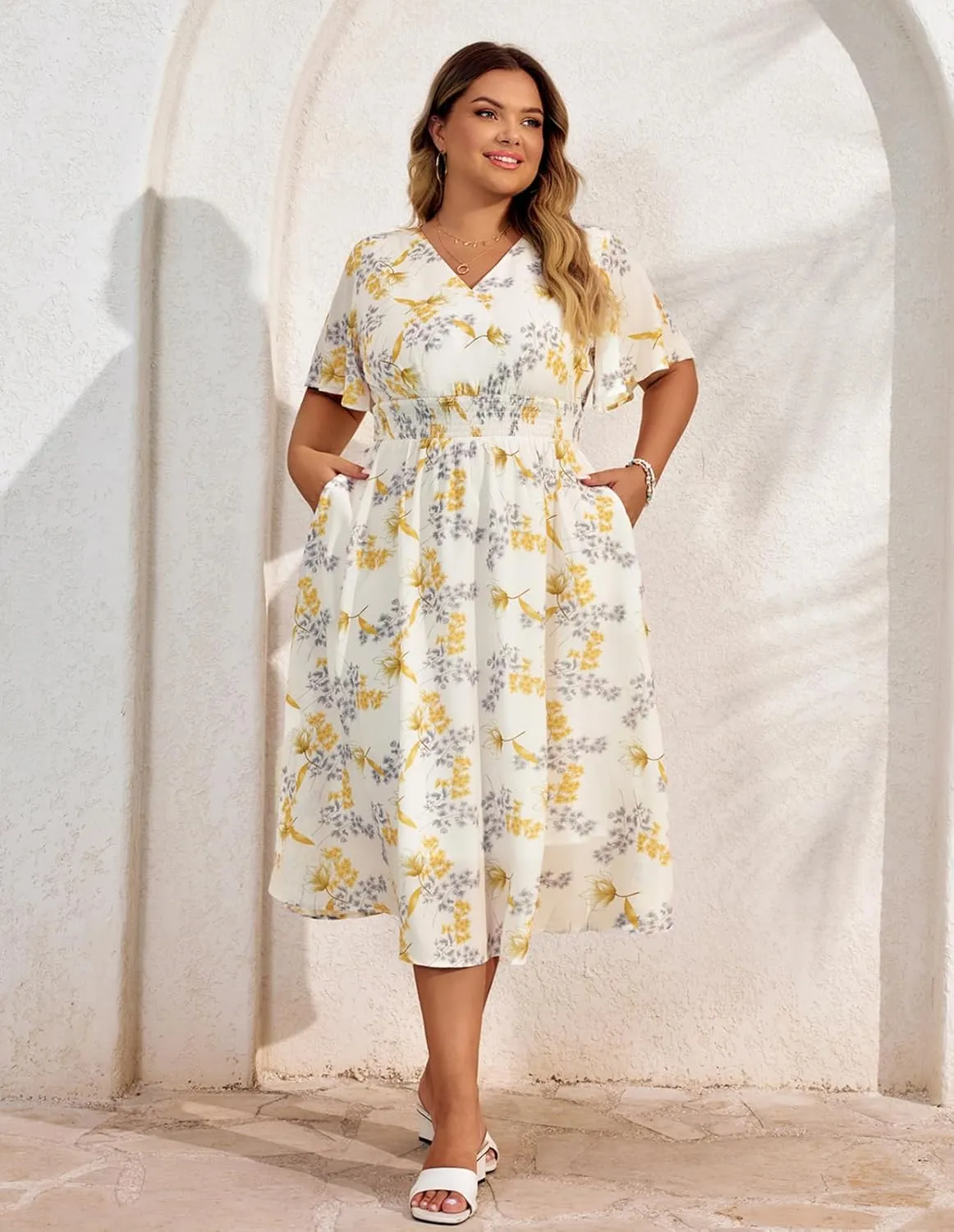 Hanna Nikole Women's Plus Size Summer Floral Dress Casual Short Sleeve Sundress Swing A Line Maxi Dresses with Pockets