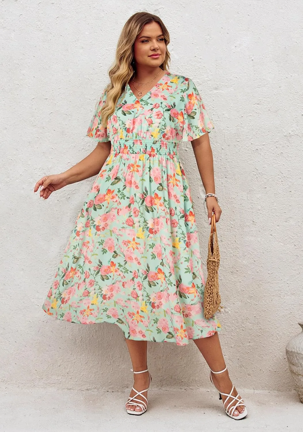 Hanna Nikole Women's Plus Size Summer Floral Dress Casual Short Sleeve Sundress Swing A Line Maxi Dresses with Pockets
