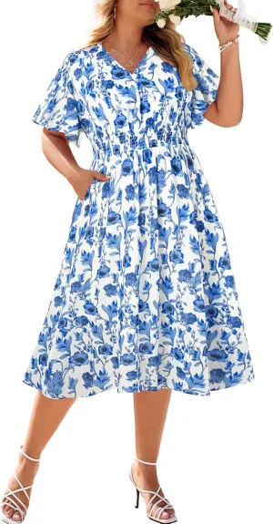 Hanna Nikole Women's Plus Size Summer Floral Dress Casual Short Sleeve Sundress Swing A Line Maxi Dresses with Pockets