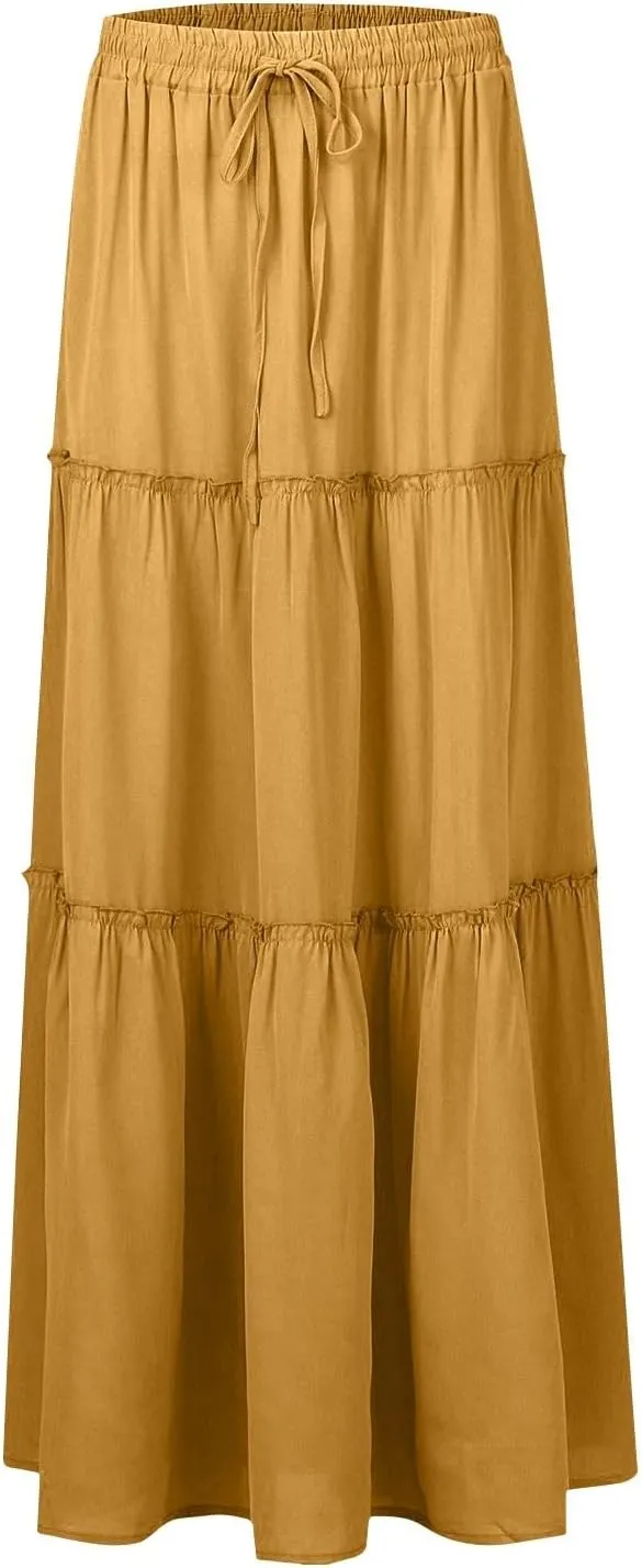 High Waisted Maxi Skirts for Women Summer Elastic A Line Skirts Vacation Layered Tiered Long Skirt with Pockets