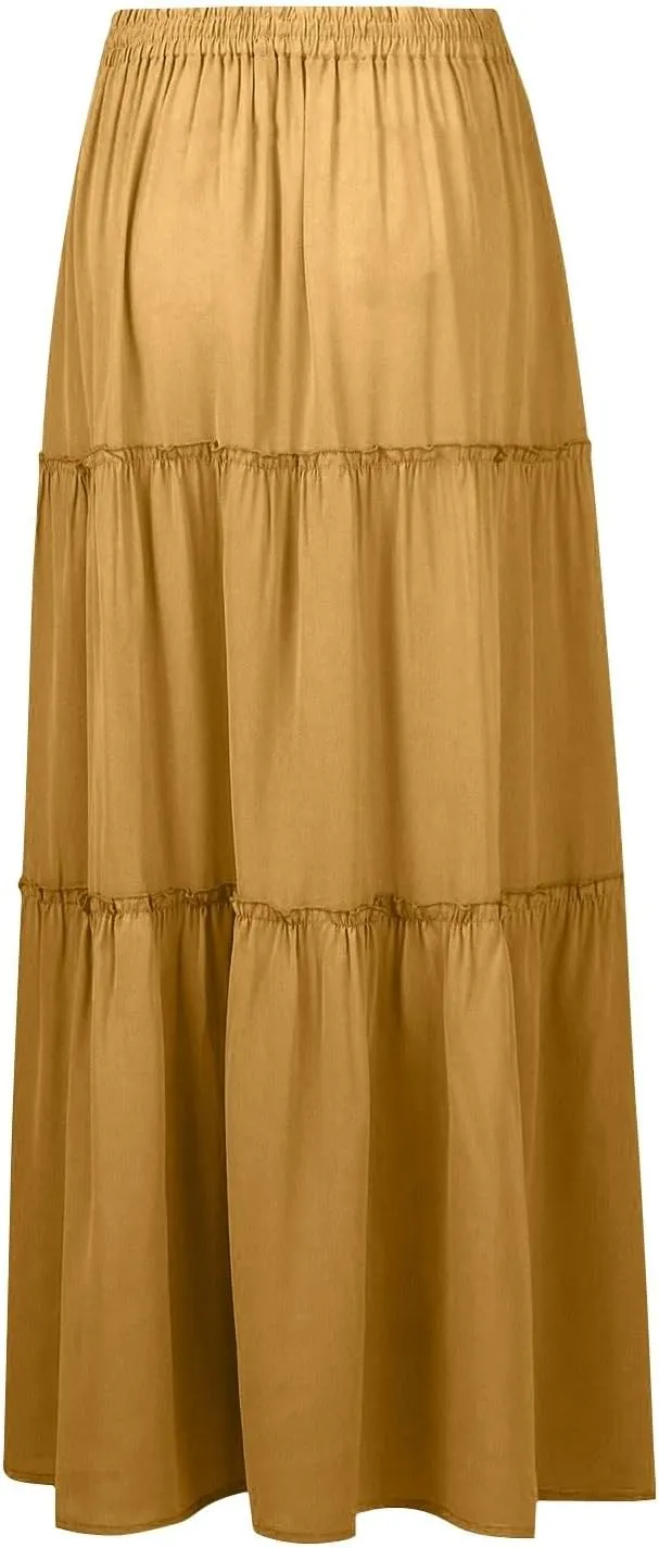 High Waisted Maxi Skirts for Women Summer Elastic A Line Skirts Vacation Layered Tiered Long Skirt with Pockets