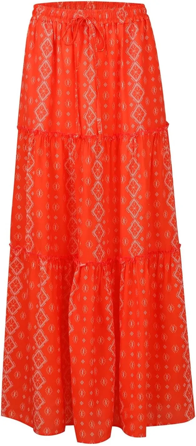 High Waisted Maxi Skirts for Women Summer Elastic A Line Skirts Vacation Layered Tiered Long Skirt with Pockets