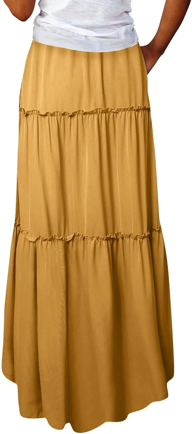 High Waisted Maxi Skirts for Women Summer Elastic A Line Skirts Vacation Layered Tiered Long Skirt with Pockets