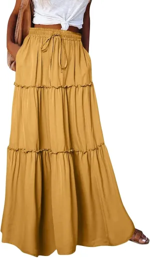 High Waisted Maxi Skirts for Women Summer Elastic A Line Skirts Vacation Layered Tiered Long Skirt with Pockets