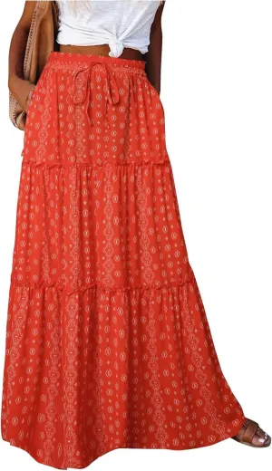 High Waisted Maxi Skirts for Women Summer Elastic A Line Skirts Vacation Layered Tiered Long Skirt with Pockets