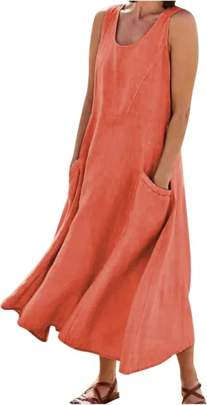 HXHYQKP Dress for Women 2024 Summer Tank Dress Sleeveless Loose Scoop Neck Long Flowy Beach Swing Sundress with Pocket