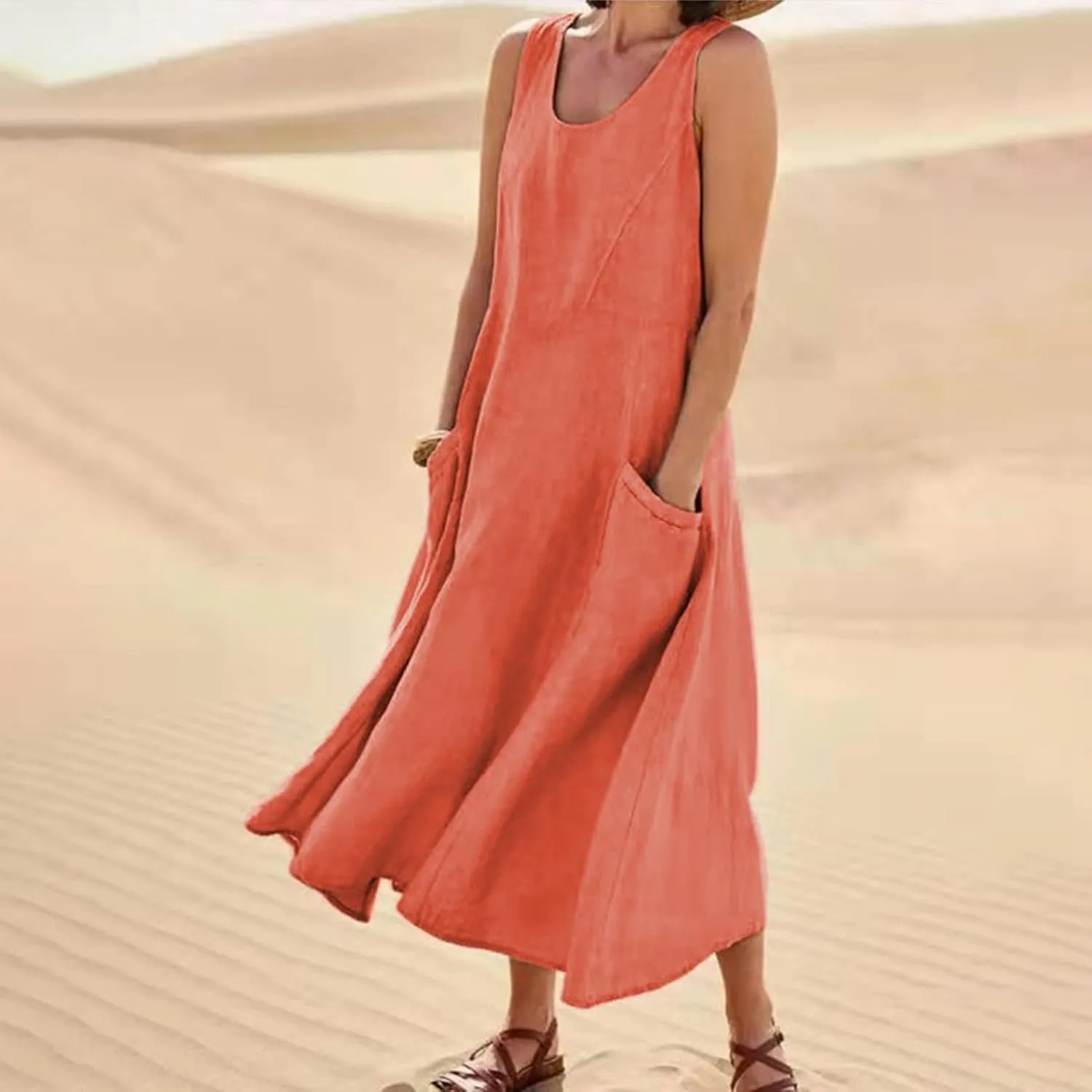 HXHYQKP Dress for Women 2024 Summer Tank Dress Sleeveless Loose Scoop Neck Long Flowy Beach Swing Sundress with Pocket