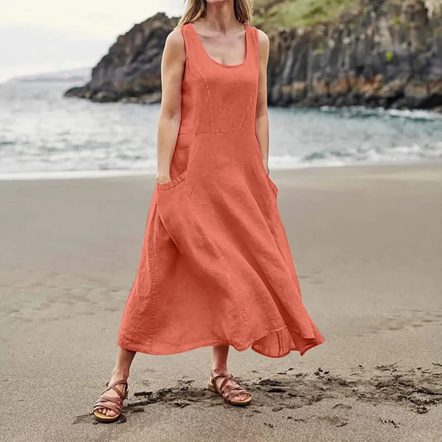 HXHYQKP Dress for Women 2024 Summer Tank Dress Sleeveless Loose Scoop Neck Long Flowy Beach Swing Sundress with Pocket