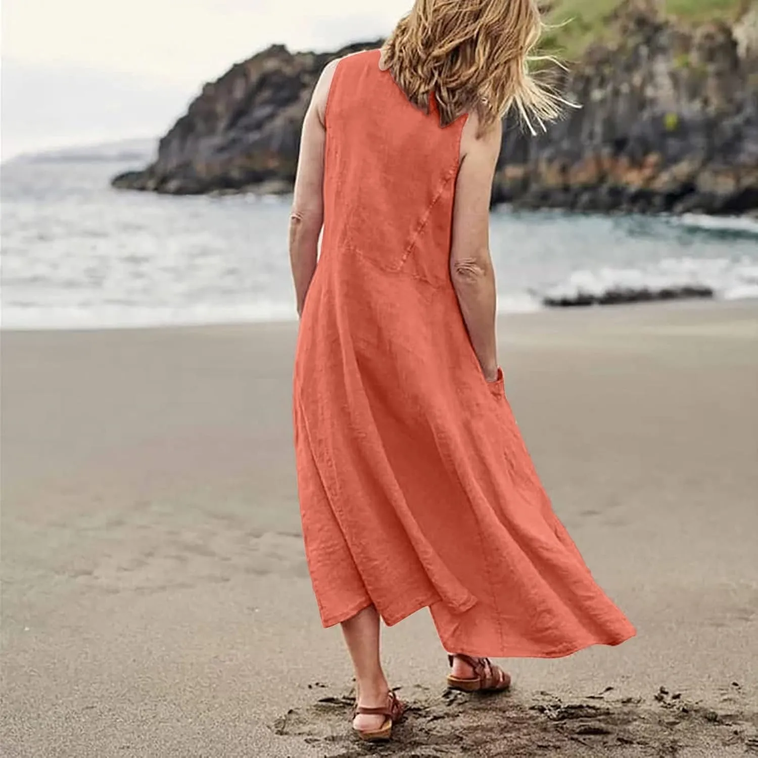 HXHYQKP Dress for Women 2024 Summer Tank Dress Sleeveless Loose Scoop Neck Long Flowy Beach Swing Sundress with Pocket