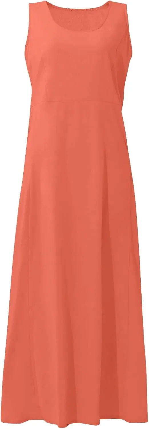 HXHYQKP Dress for Women 2024 Summer Tank Dress Sleeveless Loose Scoop Neck Long Flowy Beach Swing Sundress with Pocket