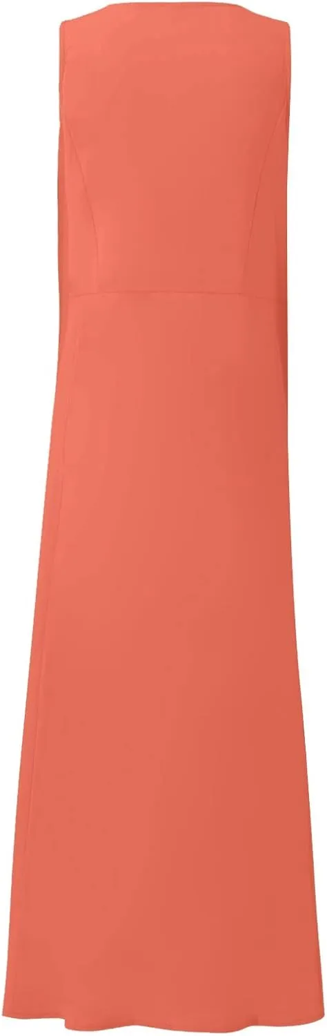 HXHYQKP Dress for Women 2024 Summer Tank Dress Sleeveless Loose Scoop Neck Long Flowy Beach Swing Sundress with Pocket
