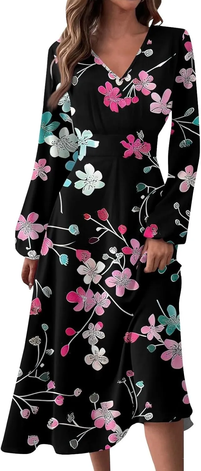 HXHYQKP Fall Wedding Guest Dresses for Women Floral Print Boho Dress Long Sleeve Wrap V Neck Ruffle Belted Maxi Dresses