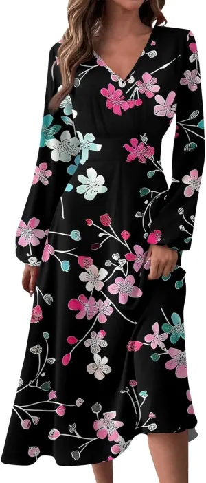 HXHYQKP Fall Wedding Guest Dresses for Women Floral Print Boho Dress Long Sleeve Wrap V Neck Ruffle Belted Maxi Dresses