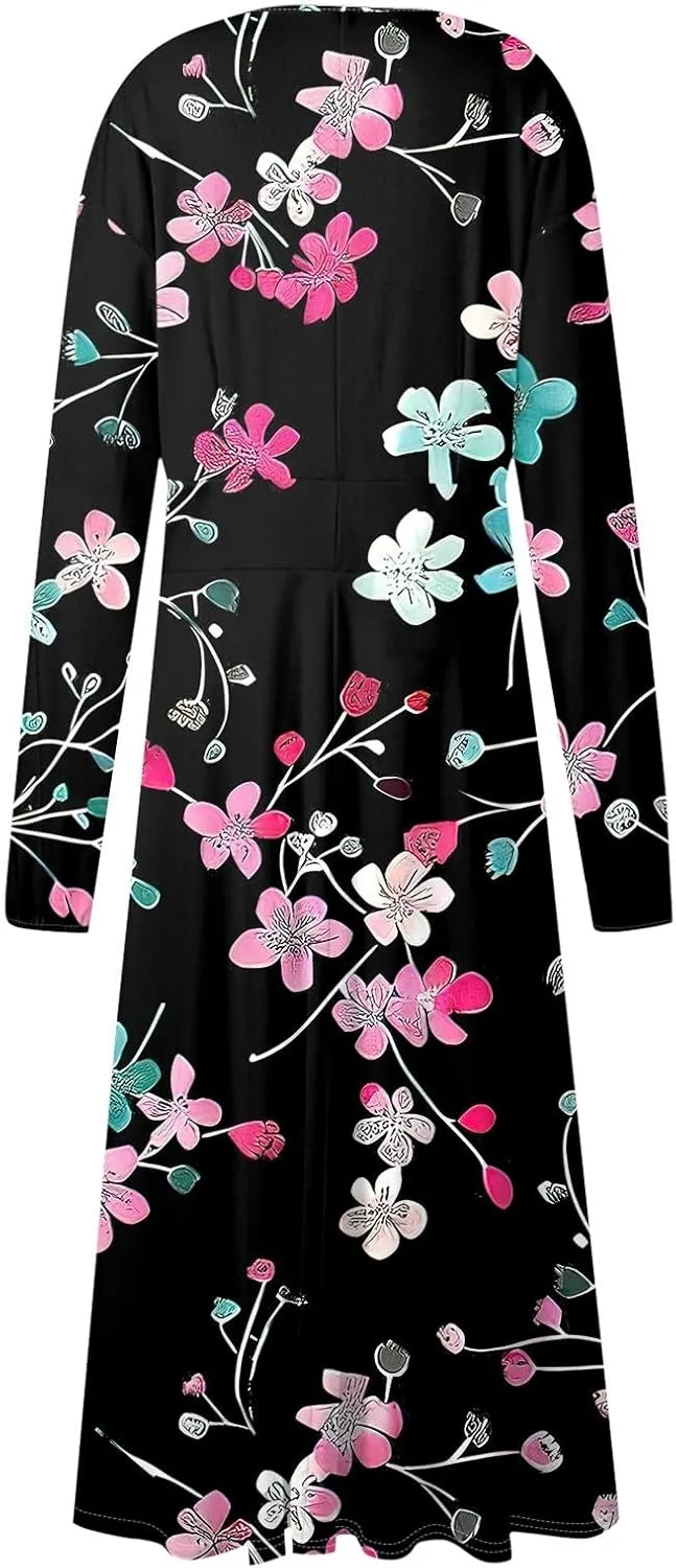 HXHYQKP Fall Wedding Guest Dresses for Women Floral Print Boho Dress Long Sleeve Wrap V Neck Ruffle Belted Maxi Dresses