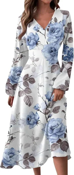 HXHYQKP Fall Wedding Guest Dresses for Women Floral Print Boho Dress Long Sleeve Wrap V Neck Ruffle Belted Maxi Dresses