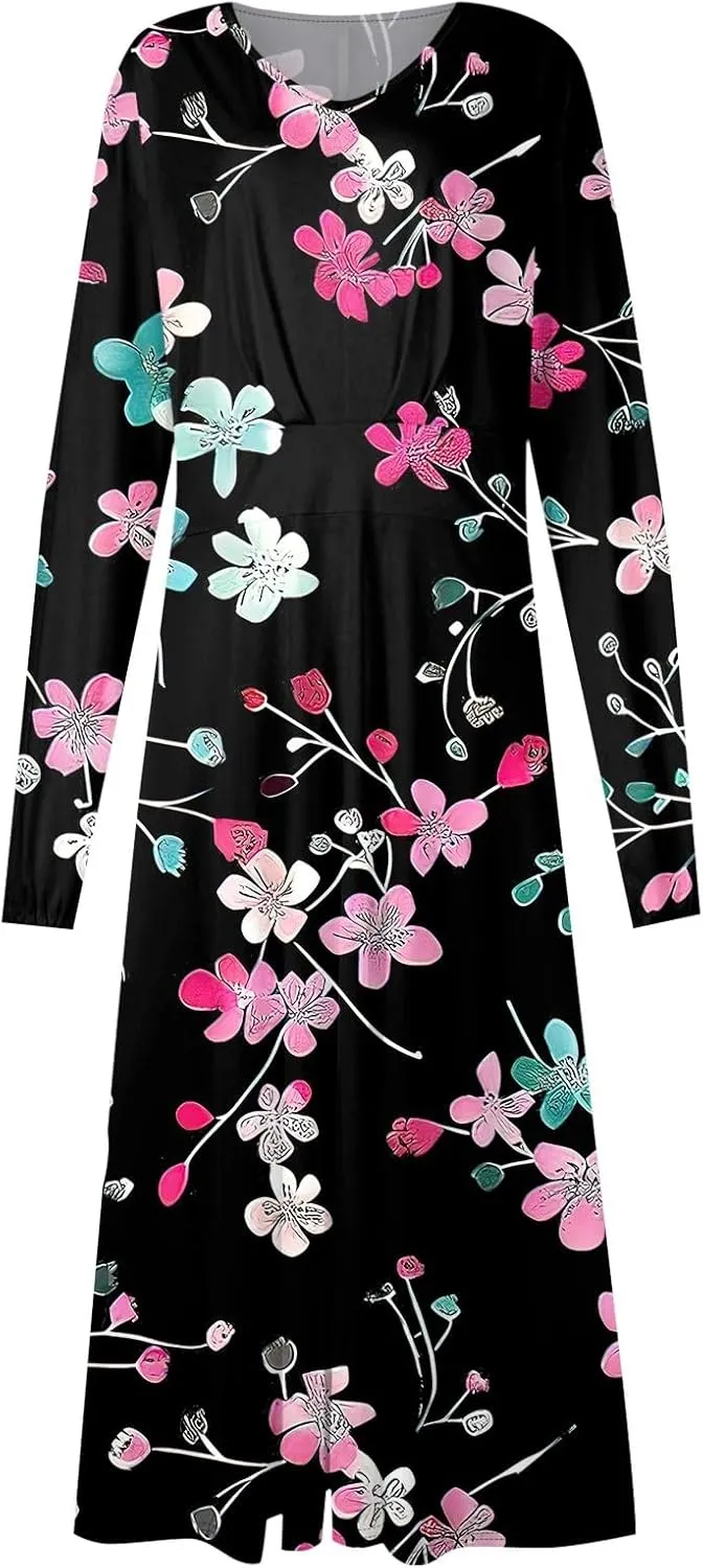 HXHYQKP Fall Wedding Guest Dresses for Women Floral Print Boho Dress Long Sleeve Wrap V Neck Ruffle Belted Maxi Dresses