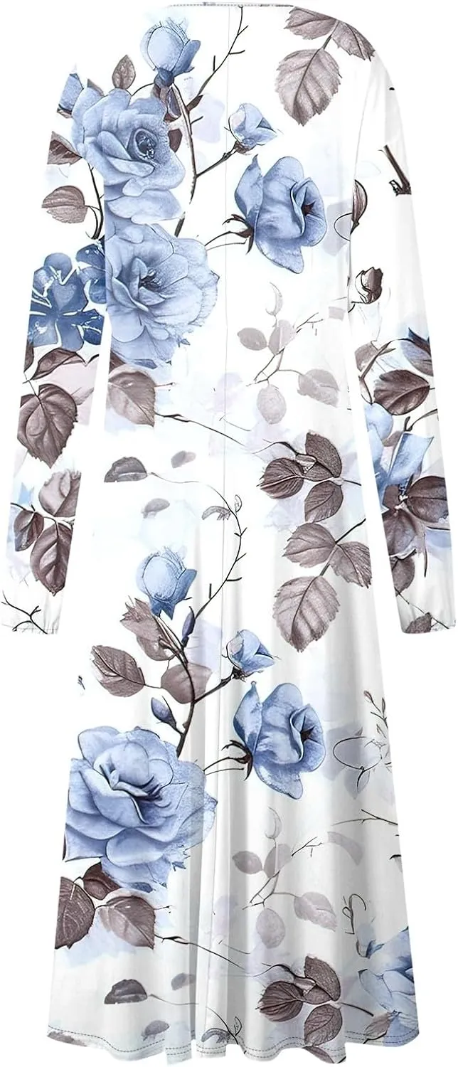 HXHYQKP Fall Wedding Guest Dresses for Women Floral Print Boho Dress Long Sleeve Wrap V Neck Ruffle Belted Maxi Dresses