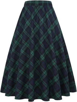 IDEALSANXUN Women’s Plaid Skirt Elastic Waist A-line Midi Pleated Skirts