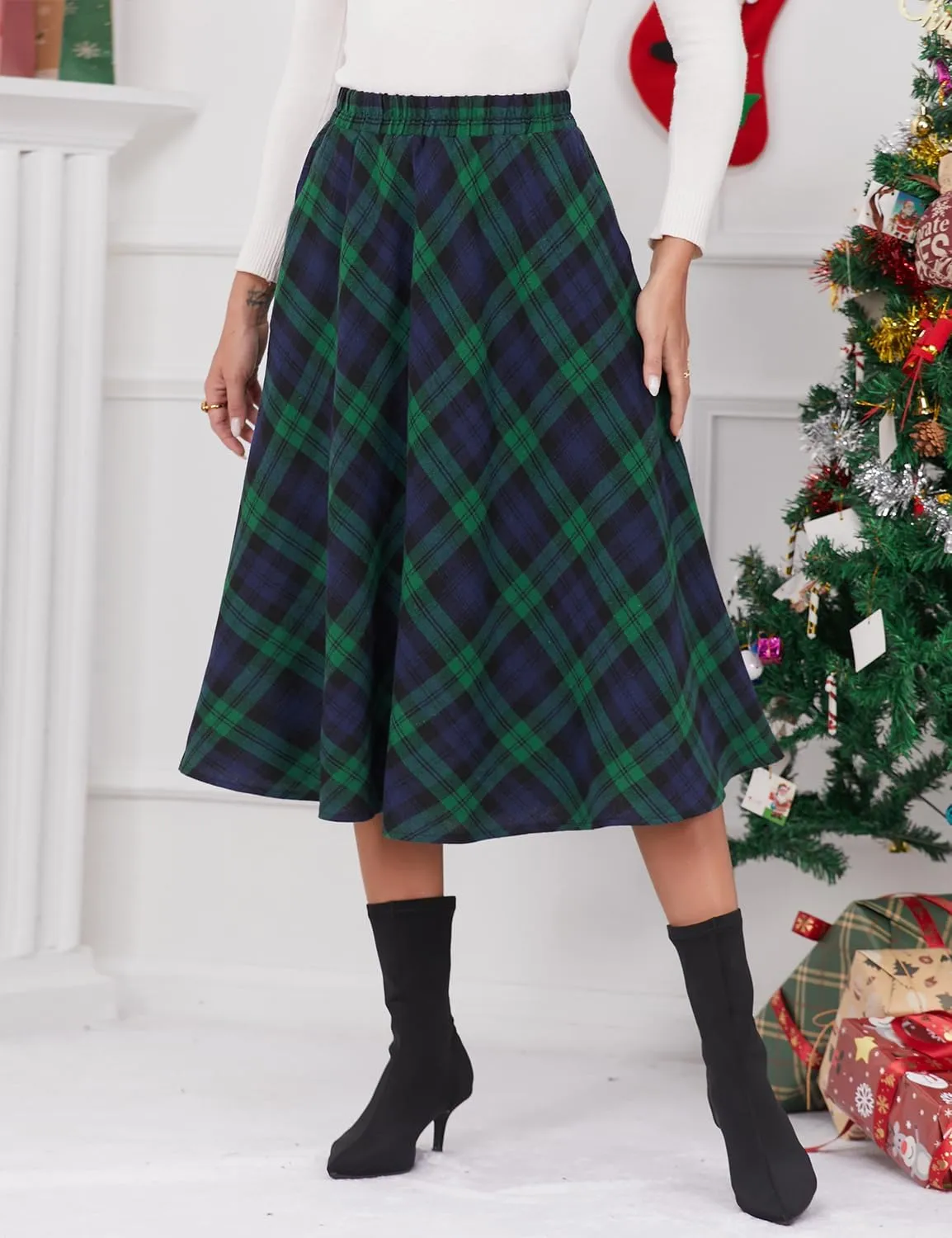 IDEALSANXUN Women’s Plaid Skirt Elastic Waist A-line Midi Pleated Skirts
