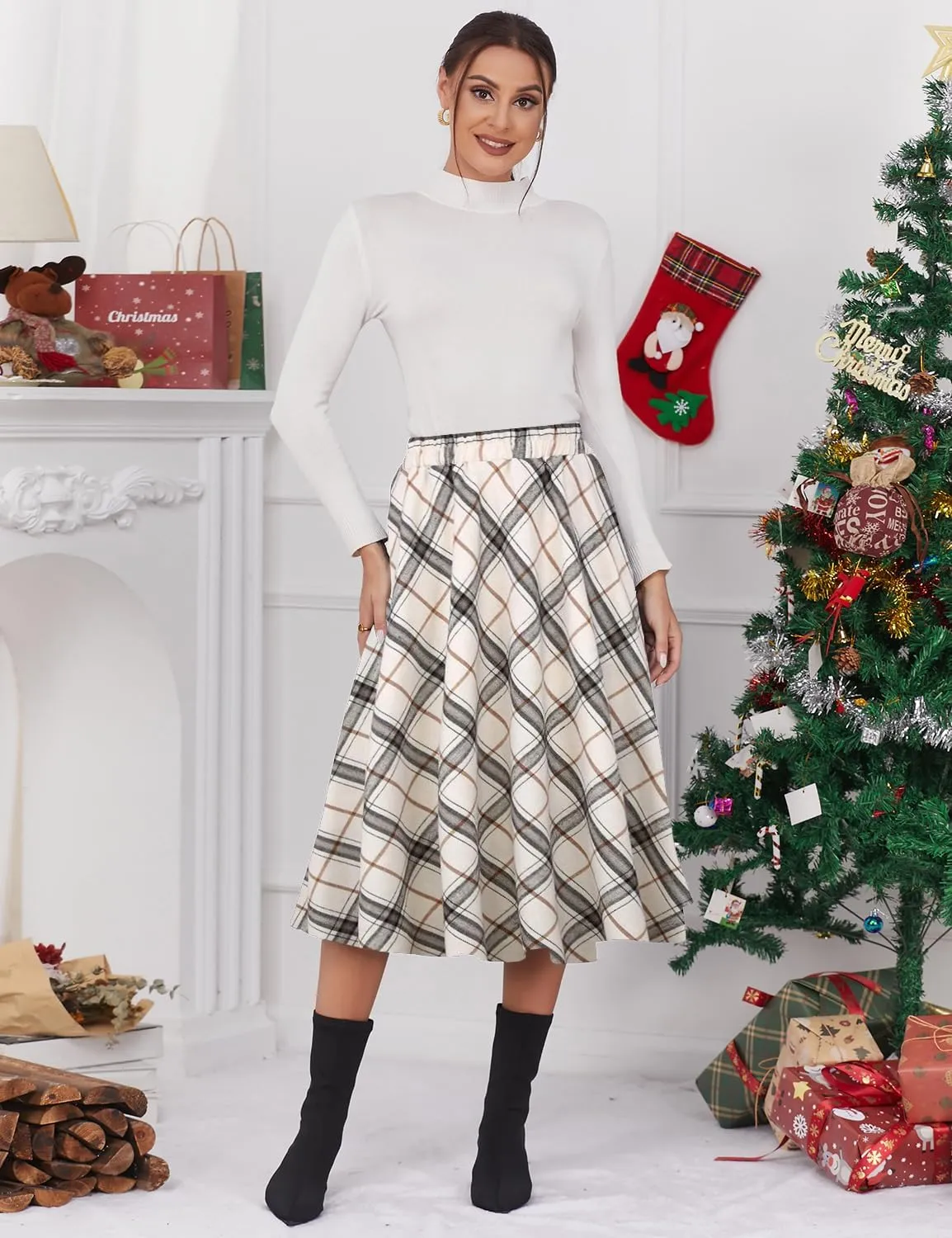 IDEALSANXUN Women’s Plaid Skirt Elastic Waist A-line Midi Pleated Skirts