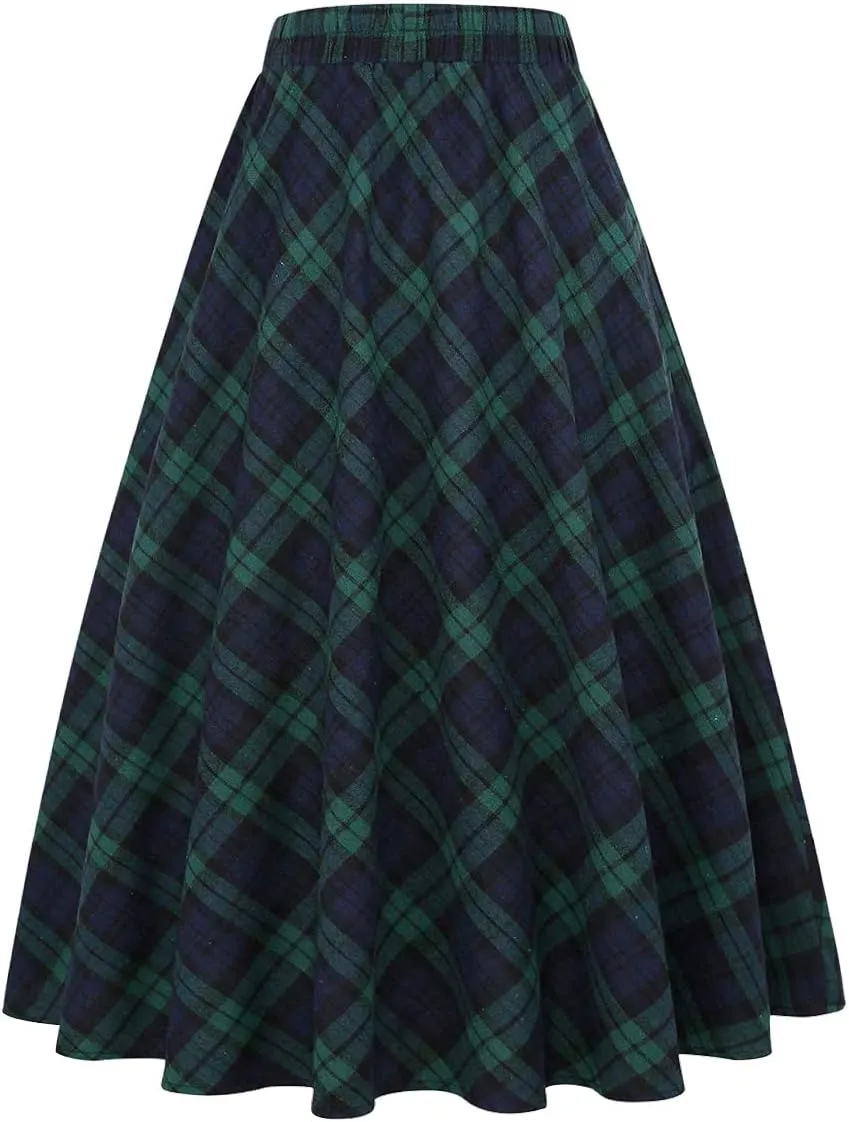 IDEALSANXUN Women’s Plaid Skirt Elastic Waist A-line Midi Pleated Skirts
