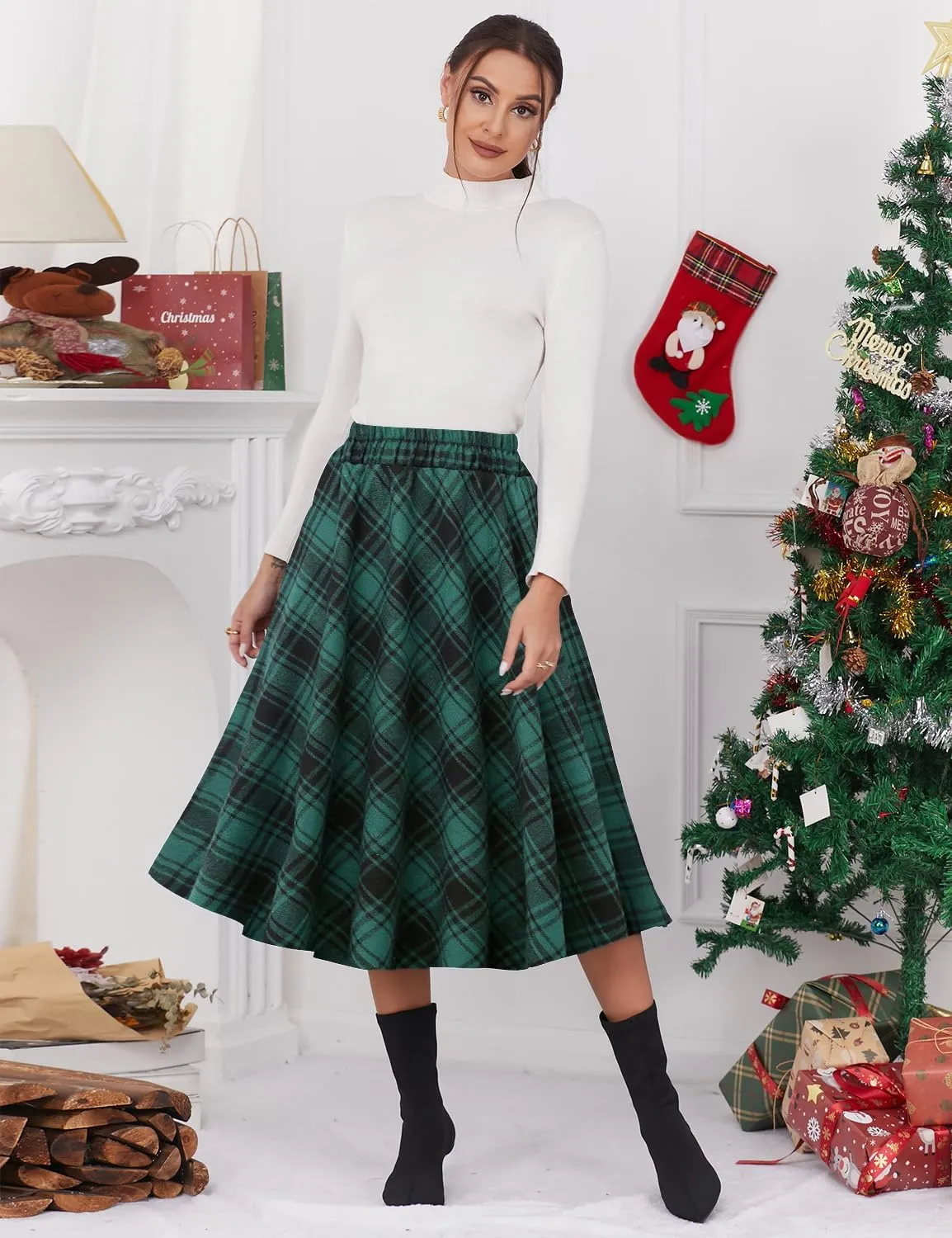 IDEALSANXUN Women’s Plaid Skirt Elastic Waist A-line Midi Pleated Skirts