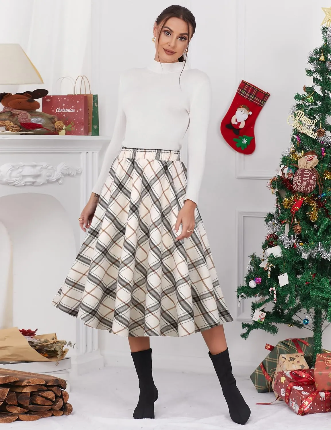 IDEALSANXUN Women’s Plaid Skirt Elastic Waist A-line Midi Pleated Skirts