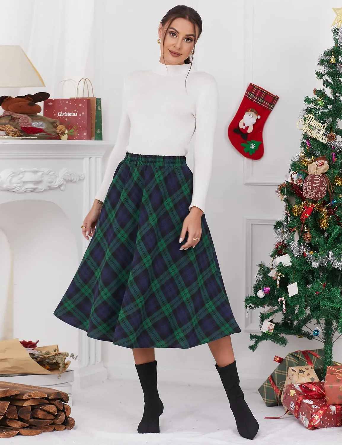 IDEALSANXUN Women’s Plaid Skirt Elastic Waist A-line Midi Pleated Skirts