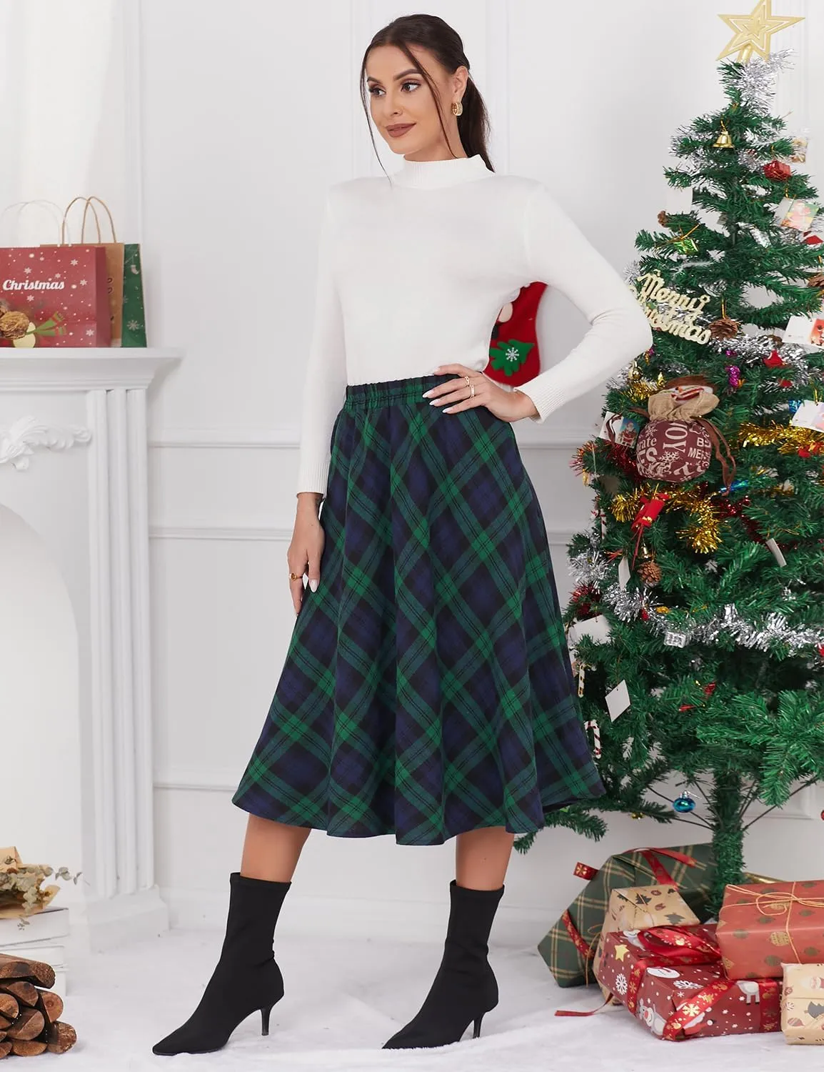 IDEALSANXUN Women’s Plaid Skirt Elastic Waist A-line Midi Pleated Skirts