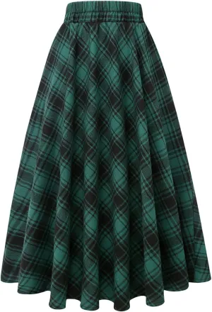 IDEALSANXUN Women’s Plaid Skirt Elastic Waist A-line Midi Pleated Skirts