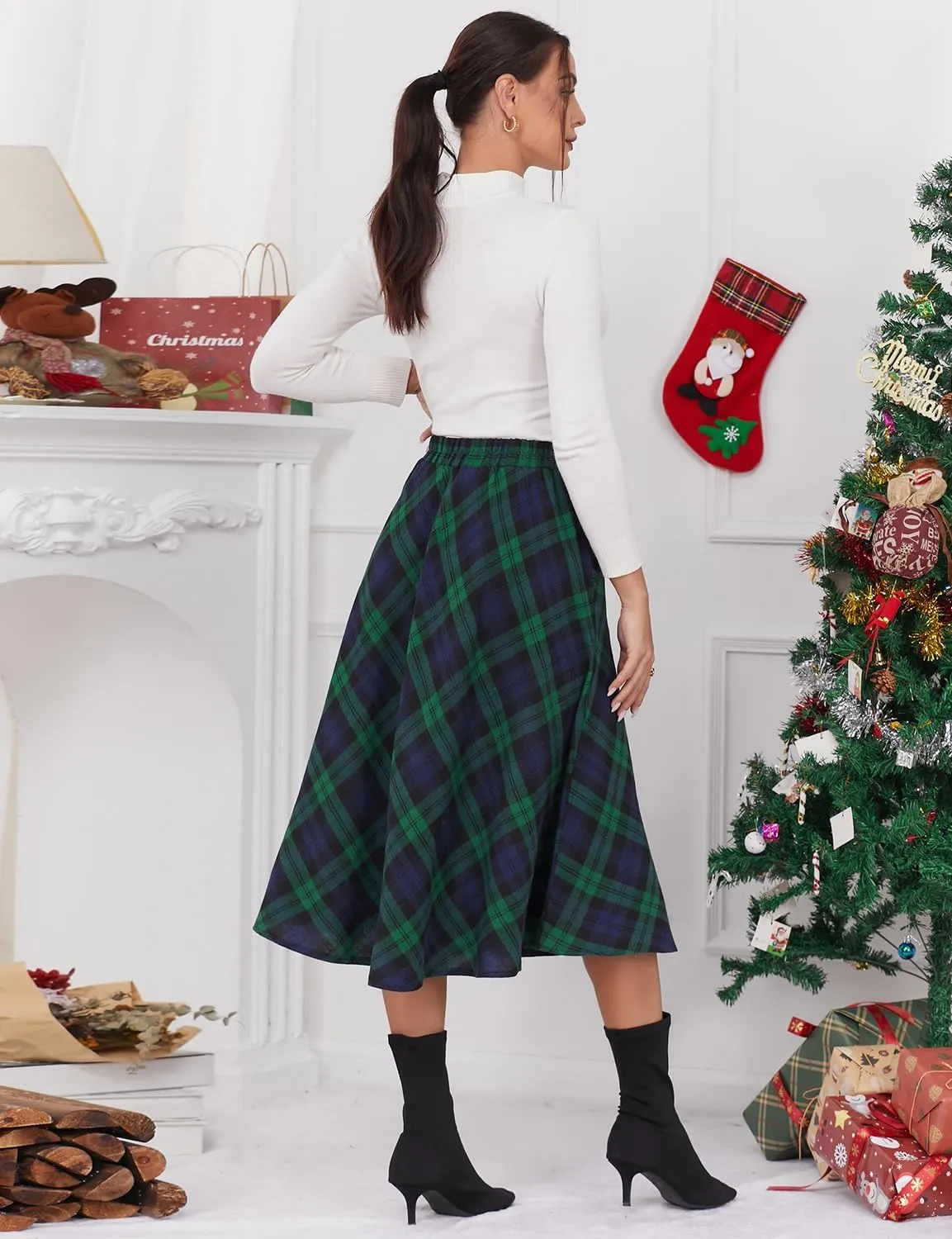 IDEALSANXUN Women’s Plaid Skirt Elastic Waist A-line Midi Pleated Skirts