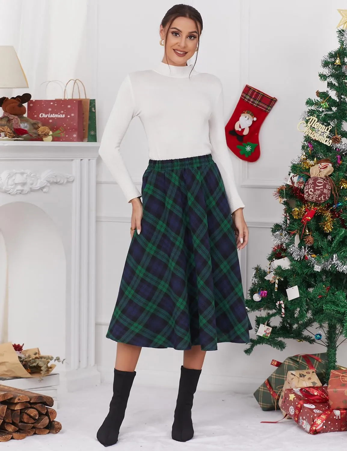 IDEALSANXUN Women’s Plaid Skirt Elastic Waist A-line Midi Pleated Skirts