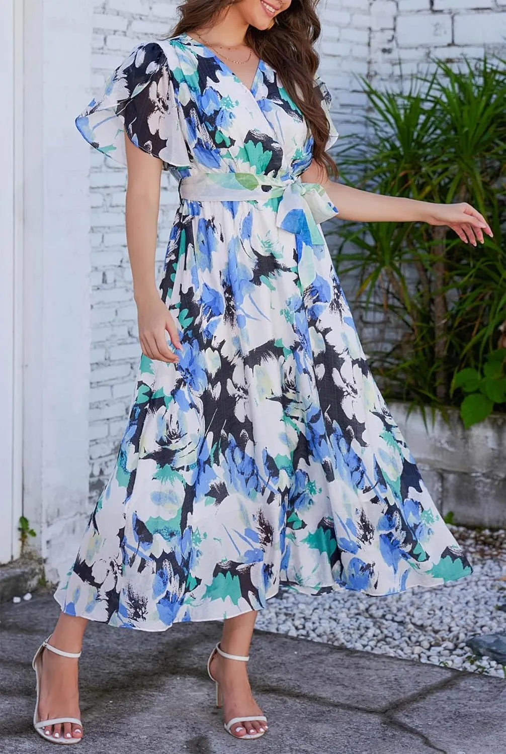 Kormei Women Wrap V Neck Boho Floral A Line Flowy Casual Short Sleeve Belted Wedding Guest Party Maxi Long Dress