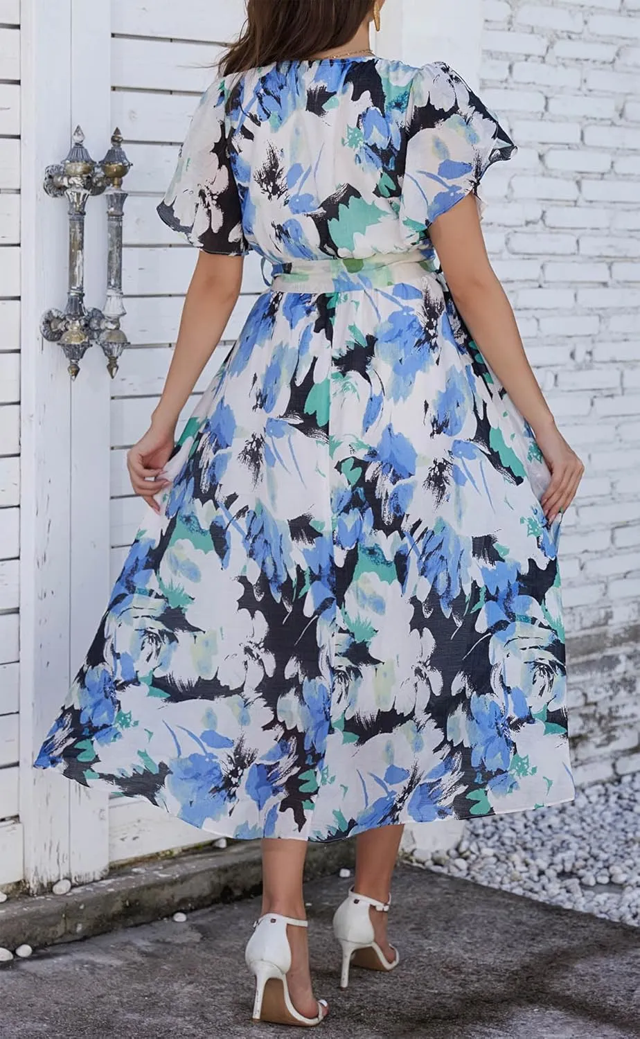 Kormei Women Wrap V Neck Boho Floral A Line Flowy Casual Short Sleeve Belted Wedding Guest Party Maxi Long Dress