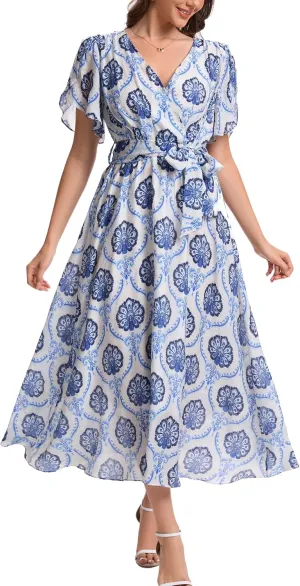 Kormei Women Wrap V Neck Boho Floral A Line Flowy Casual Short Sleeve Belted Wedding Guest Party Maxi Long Dress