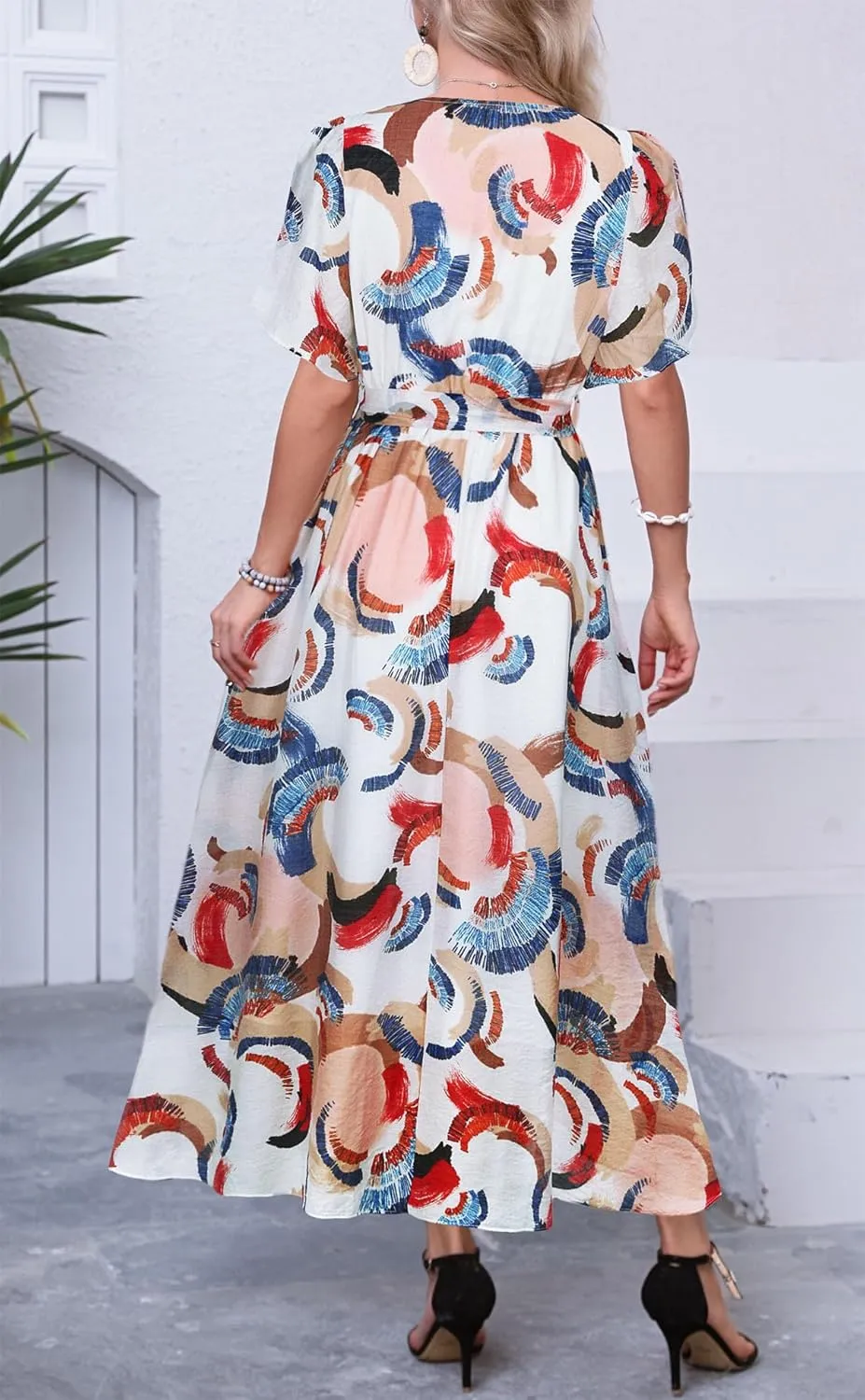 Kormei Women Wrap V Neck Boho Floral A Line Flowy Casual Short Sleeve Belted Wedding Guest Party Maxi Long Dress
