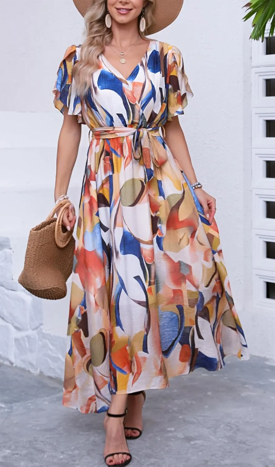Kormei Women Wrap V Neck Boho Floral A Line Flowy Casual Short Sleeve Belted Wedding Guest Party Maxi Long Dress