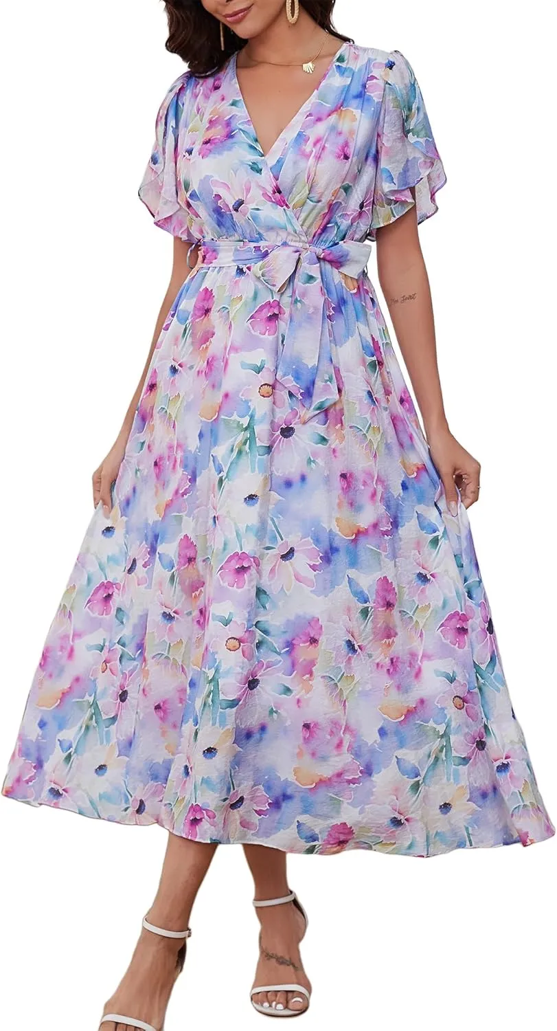 Kormei Women Wrap V Neck Boho Floral A Line Flowy Casual Short Sleeve Belted Wedding Guest Party Maxi Long Dress